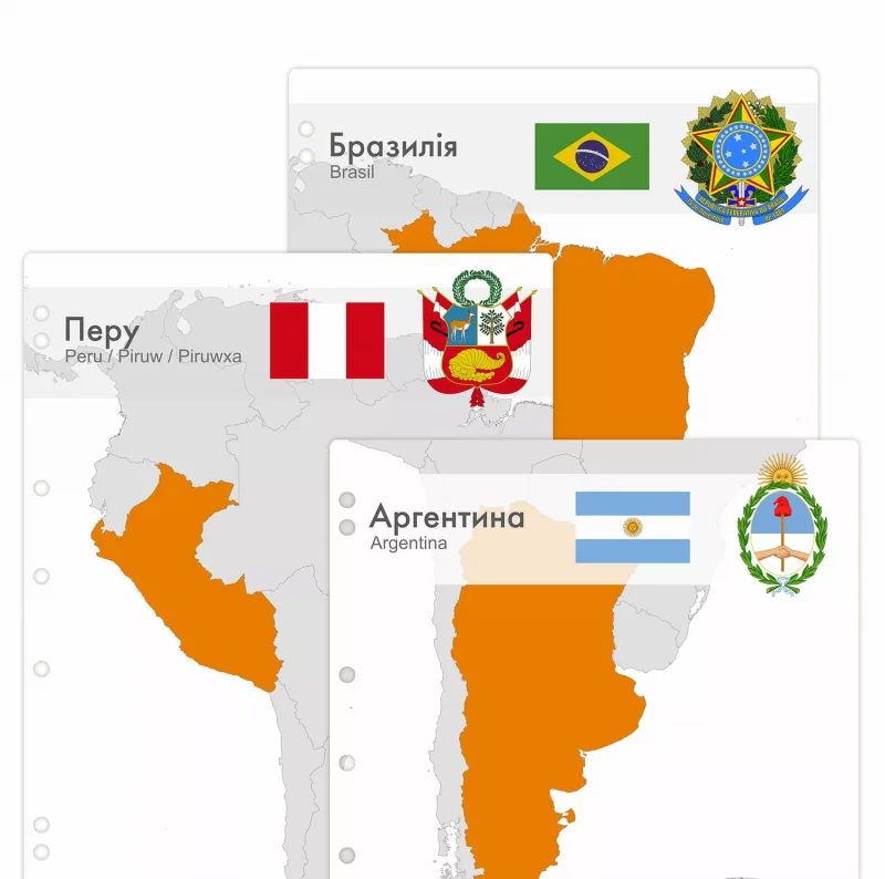 Interleaves sheets for South America coin album. Countries